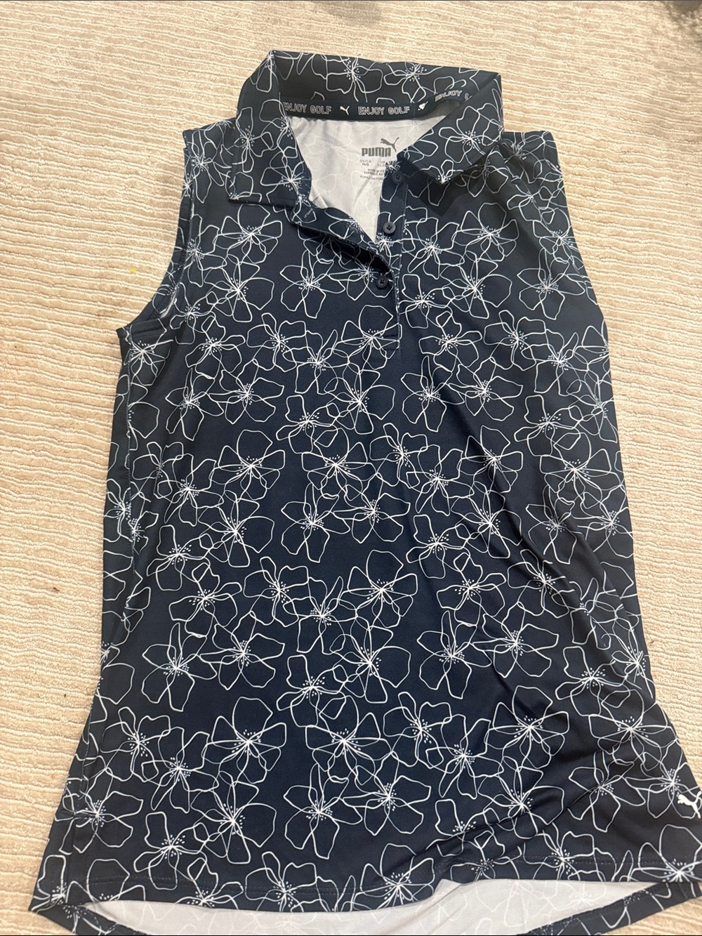 Girls Puma Navy Sleeveless Floral Polo Golf Top with White floral Print